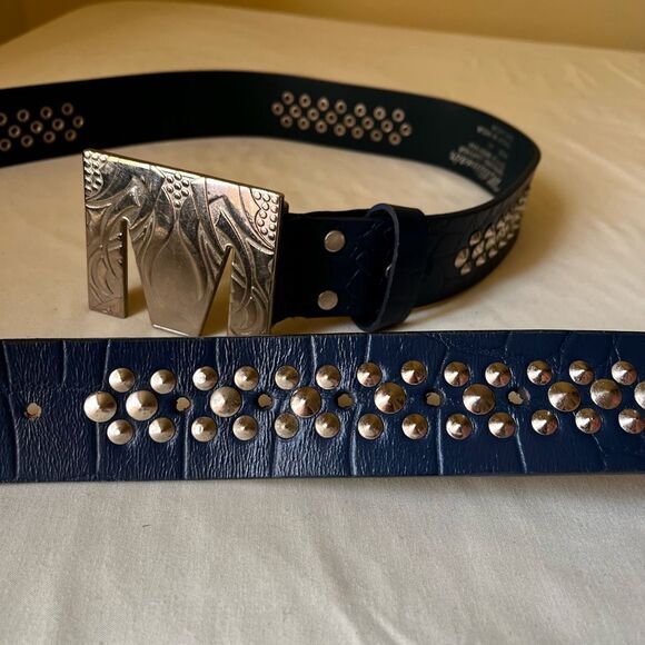 Blue Croc Embossed Studded Leather Belt Silver M Buckle Statement Y2K 40" - Picture 7 of 9